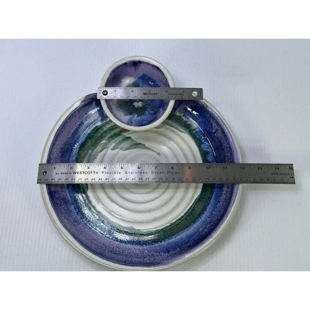 Sturbridge Pottery Handmade Chip & Dip Bowl Purple Blue Green Glaze